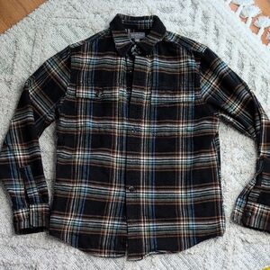 L.L. Bean Men's Black Plaid Button-Down Shirt with Brown & Blue